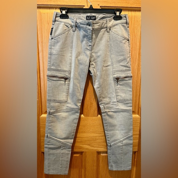Armani Jeans Denim - AJ Armani Jeans Gray Stretch Denim Skinny Cargo Pants Size 27 w/ Zipper Pockets